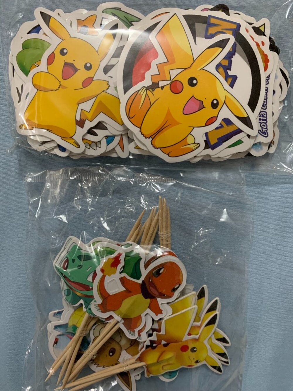 Pokemon Inspired Birthday Party Supplies Bundle - Sticker Pack & Cupcake Toppers